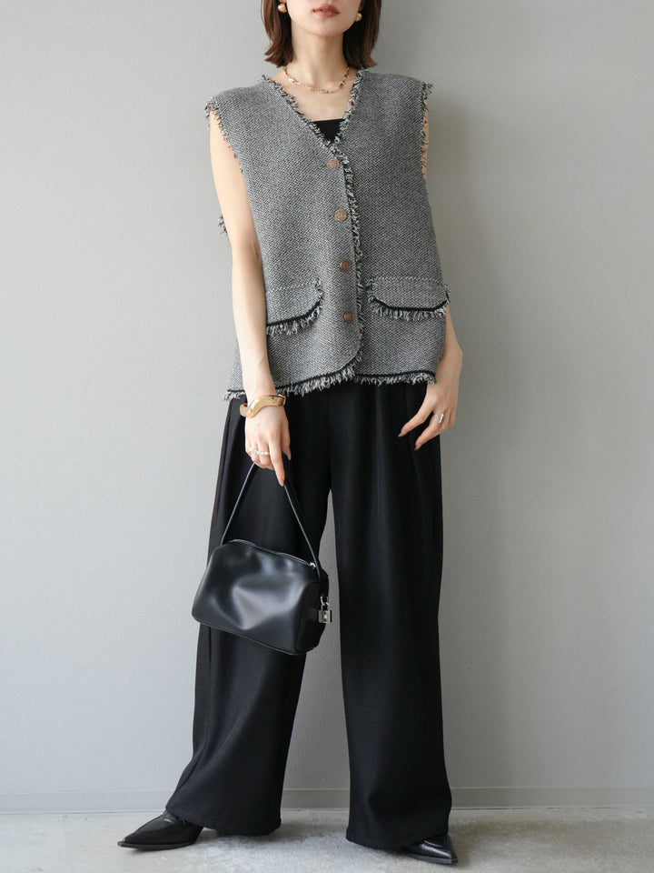 [予約]レザーパイピングタックワイドパンツ/ブラック