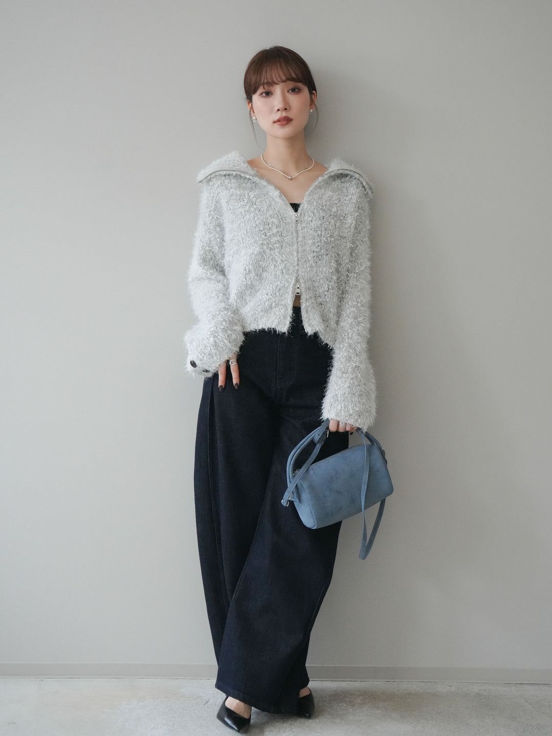 [予約]ミックスシャギージップニットカーディガン/ivory