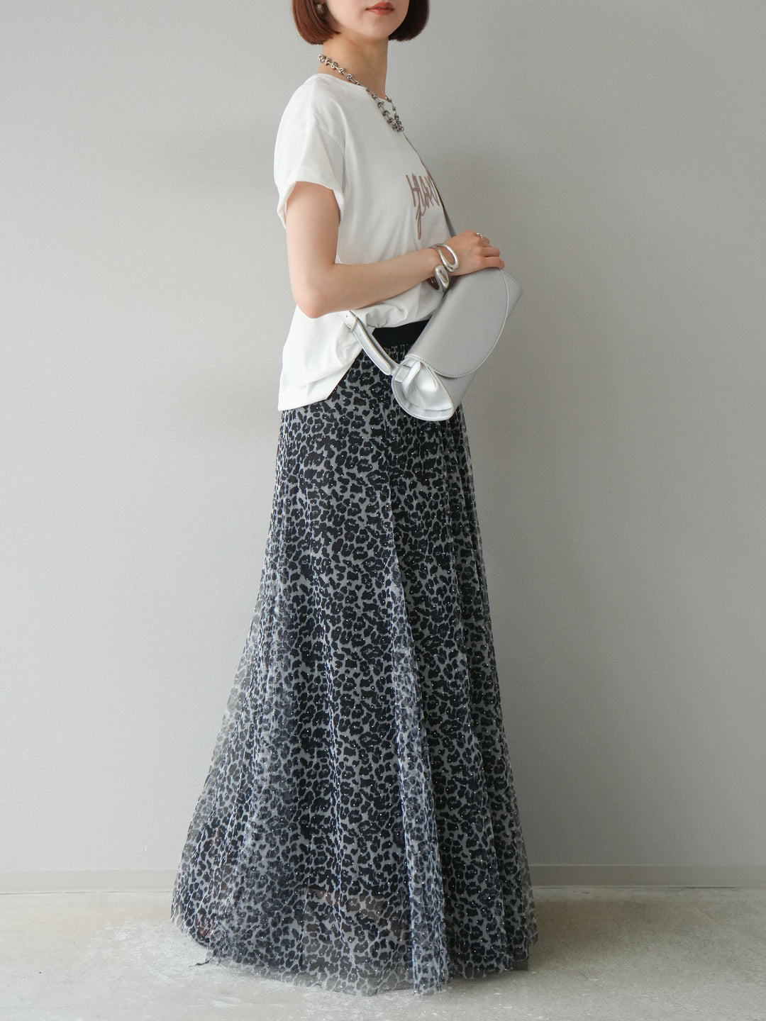 [予約]レオパードチュールレイヤードプリーツスカート/ブラック