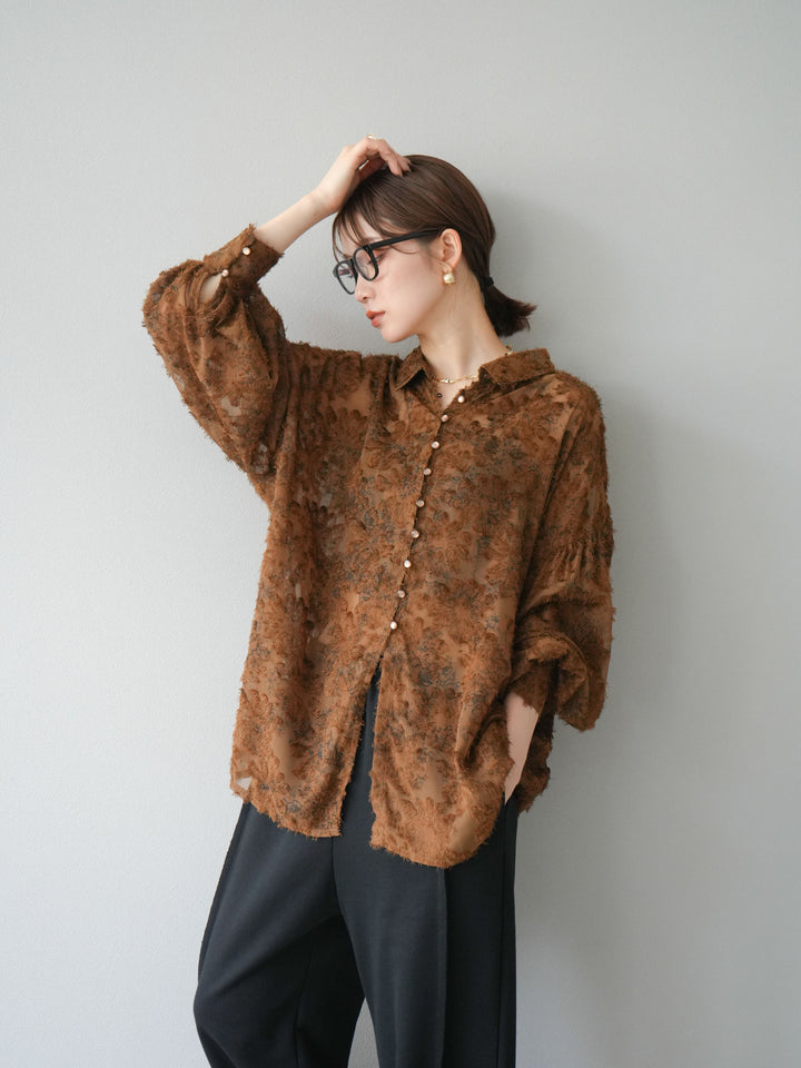 [予約]ニュアンスフリンジジャガードボリュームスリーブブラウス/ブラウン
