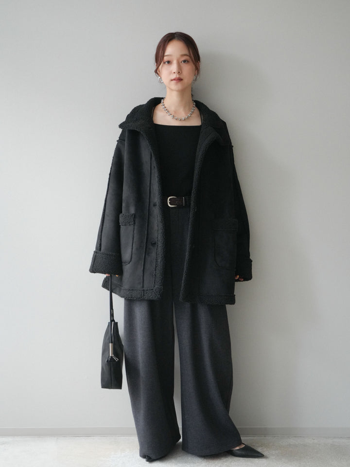 [予約]アニマル柄ベルト付きウールタッチワイドパンツ/charcoal