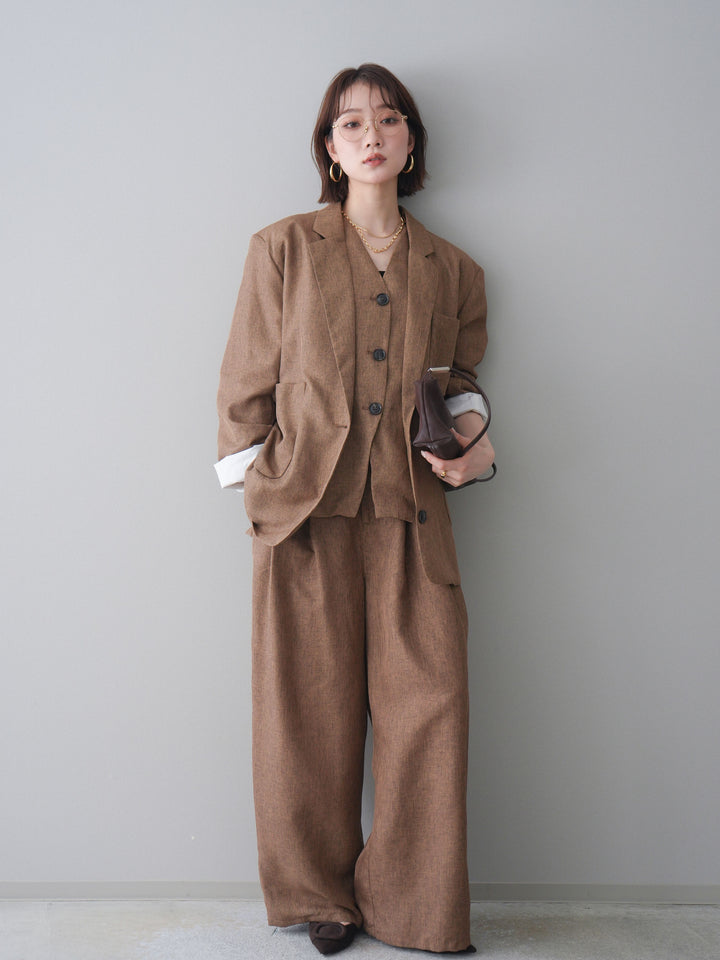 [SET]リネンライクテーラードジャケット+リネンライクバックオープンジレ+リネンライクタックワイドパンツ(3set)