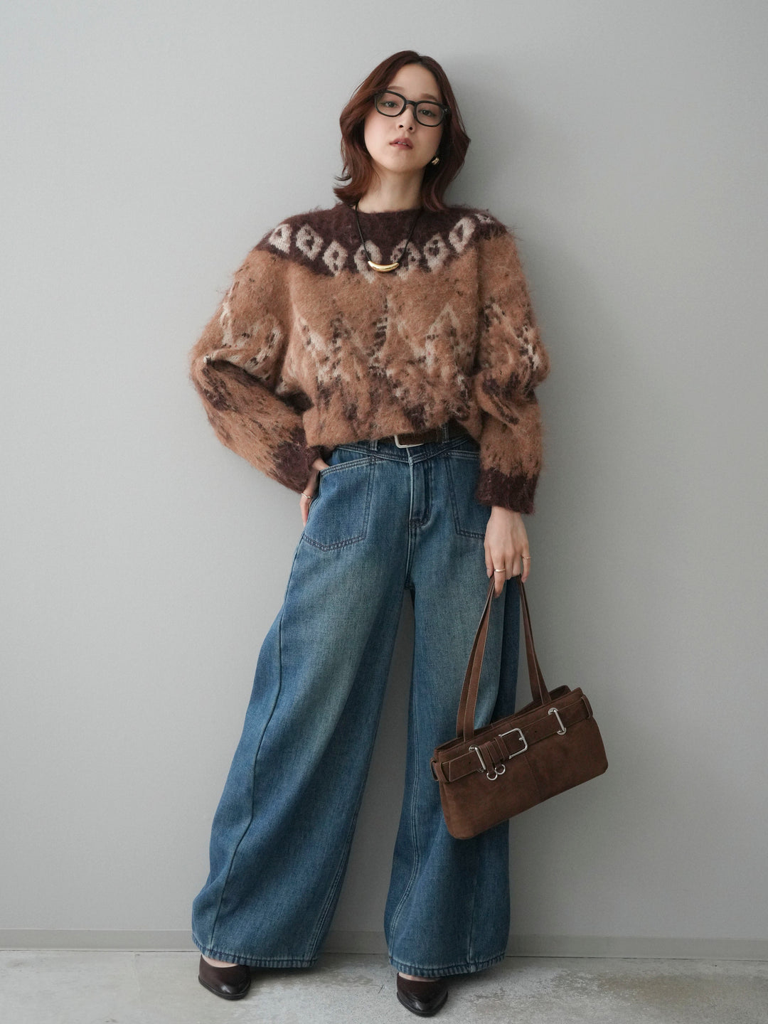 [SET]シャギーニュアンス柄ニットプルオーバー+ベルト付裏起毛カーブデニムパンツ(2set)