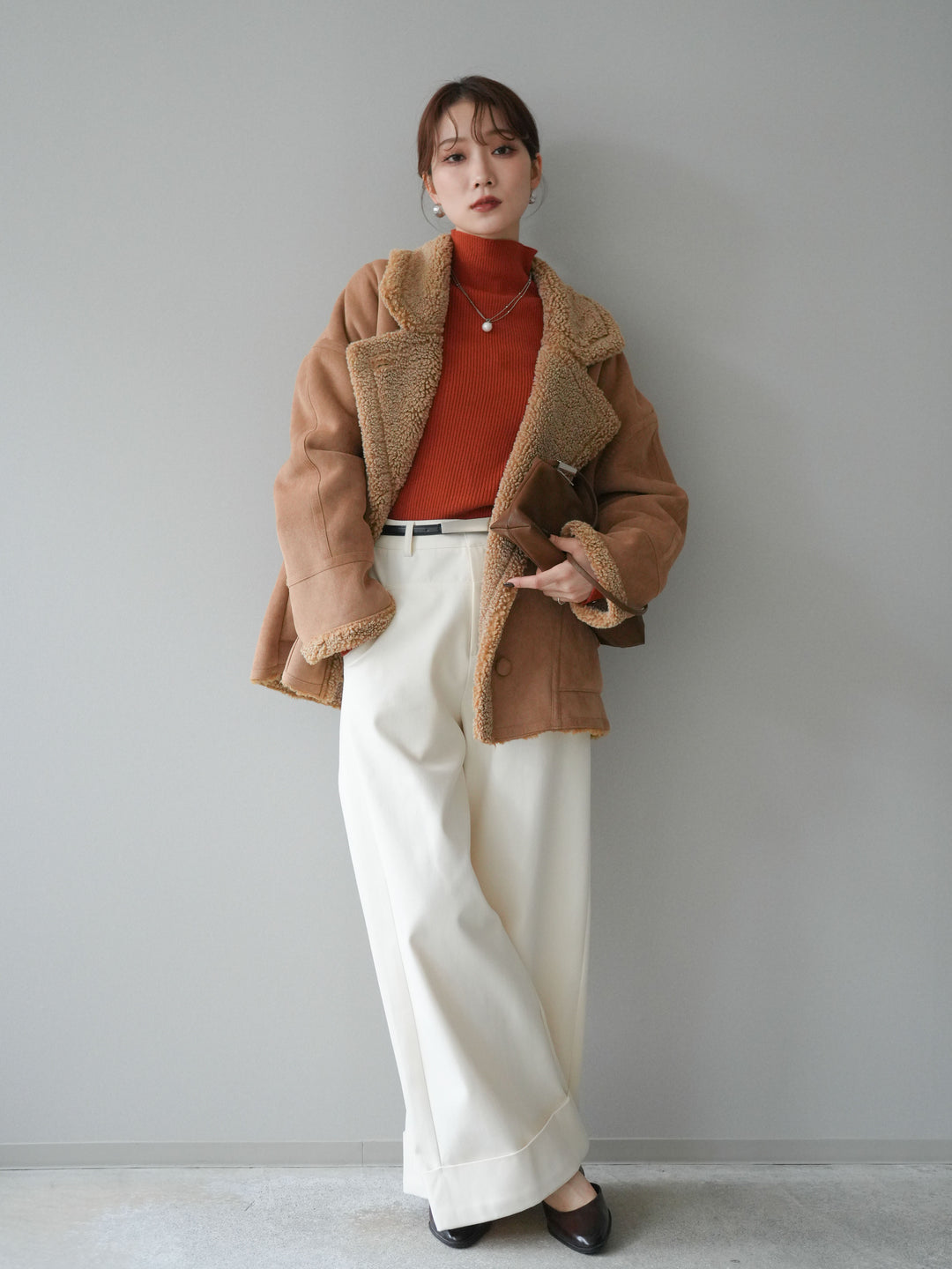 [予約]ベルト付き折り返しコットンツイルワイドパンツ/ivory