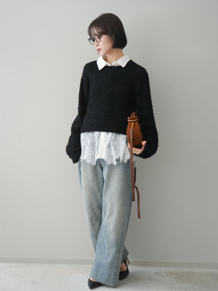 [予約]裏起毛カットオフカーブデニムパンツ/blue