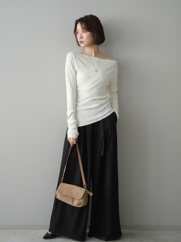 [予約]ラインストーンアシンメトリーニットトップス/ivory