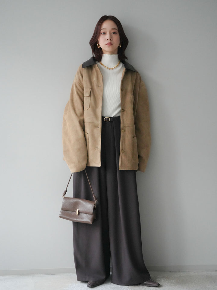 [SET]襟レザーステンカラースエードジャケット+袖ボタンボトルネックリブニットトップス+ベルトループデザインワイドパンツ(3set)
