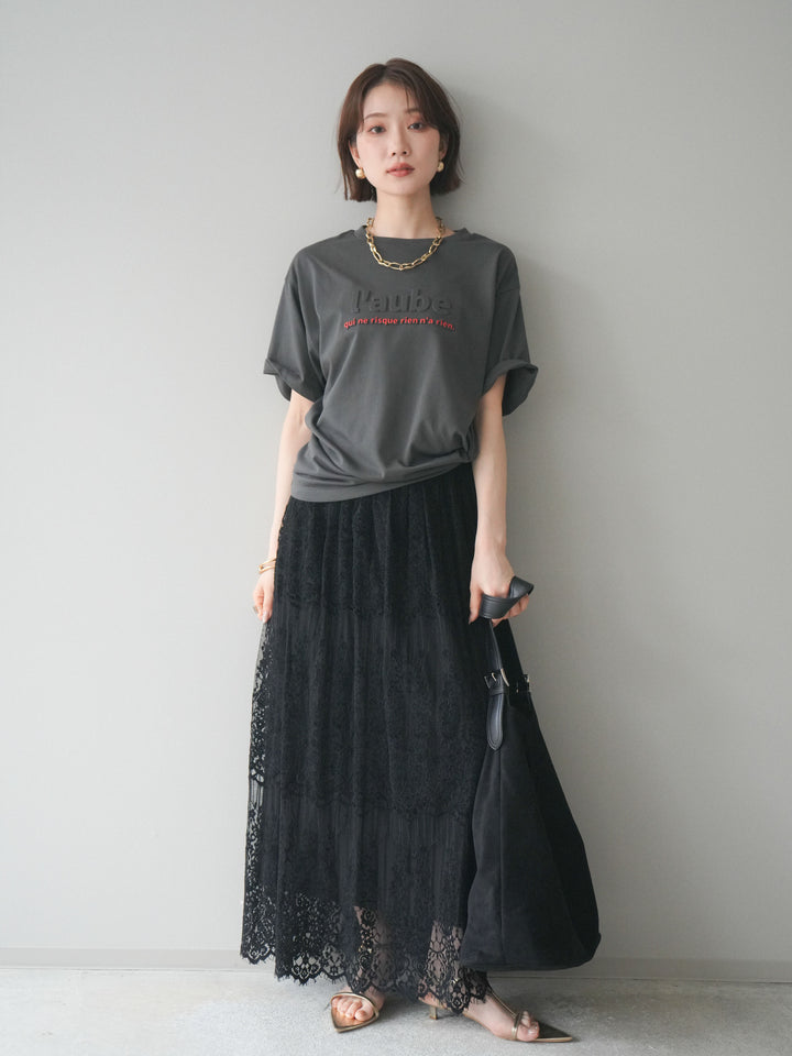 [SET]エンボスロゴTEE+裏プリーツ総レースロングスカート(2set)