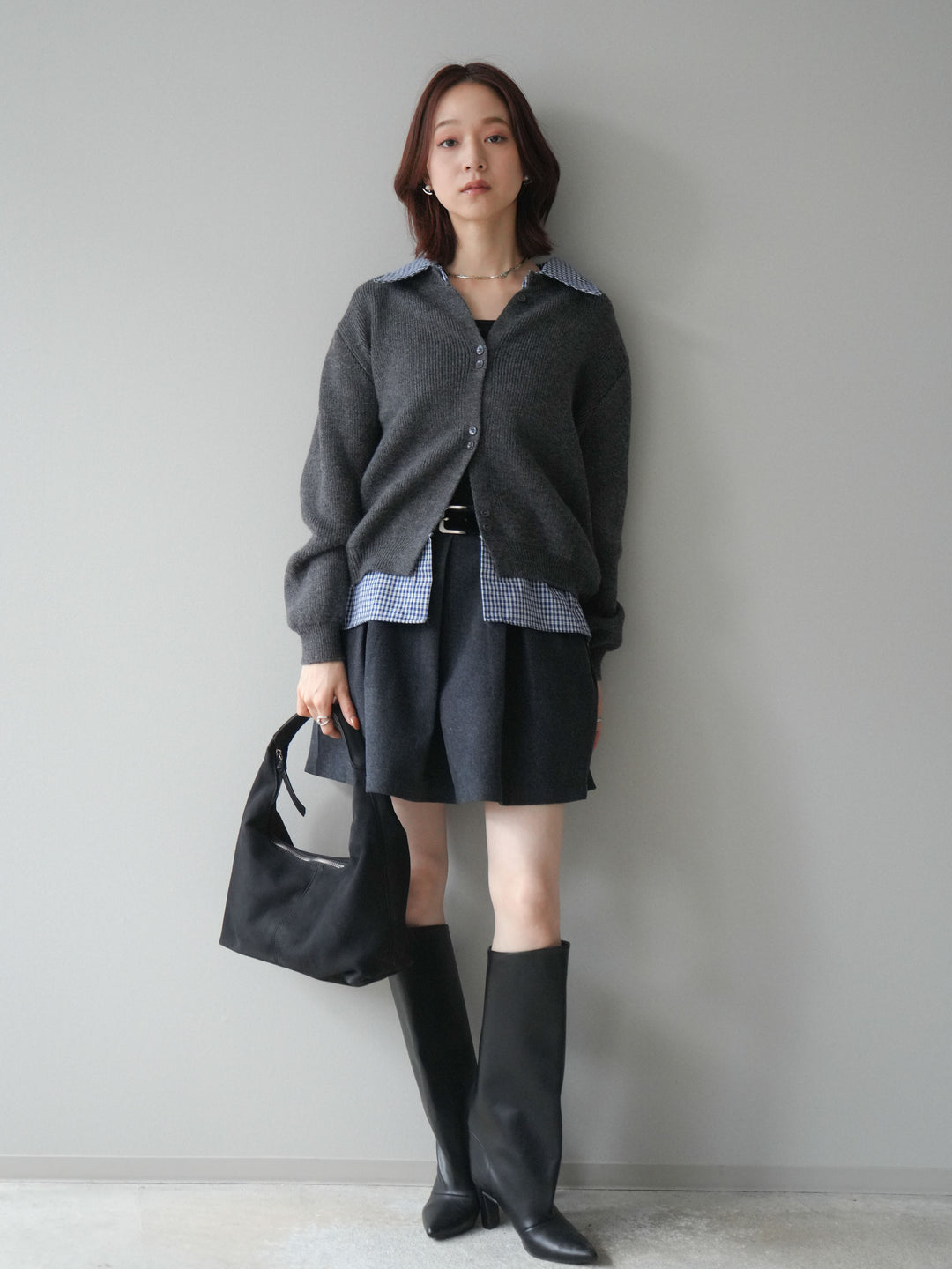 [SET]チェックシャツ襟ニットカーディガン+ベルト付きタックミニスカート(2set)