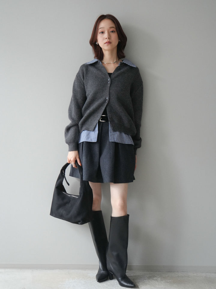 [SET]チェックシャツ襟ニットカーディガン+ベルト付きタックミニスカート(2set)