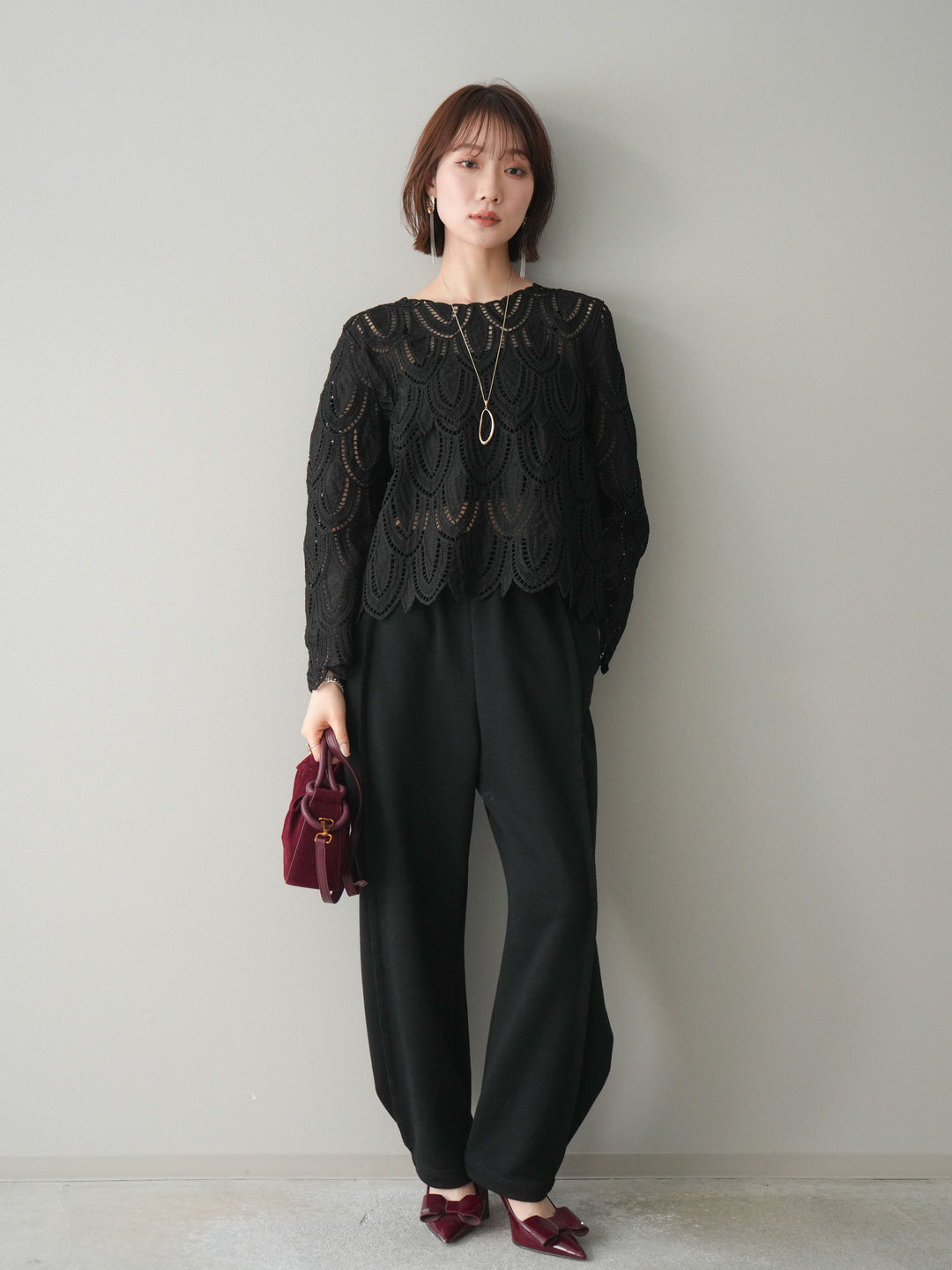 [予約]透かしコードレースブラウス/black