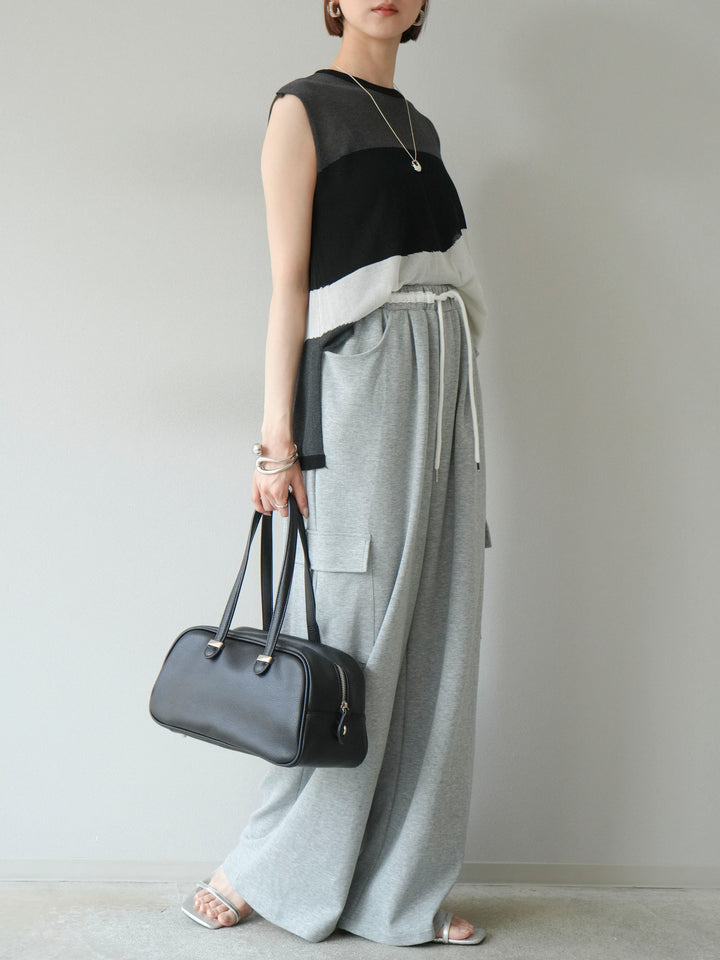 [SET]バイカラーシアーニットノースリーブ+ウエストラインサイドポケットスウェットパンツ(2set)
