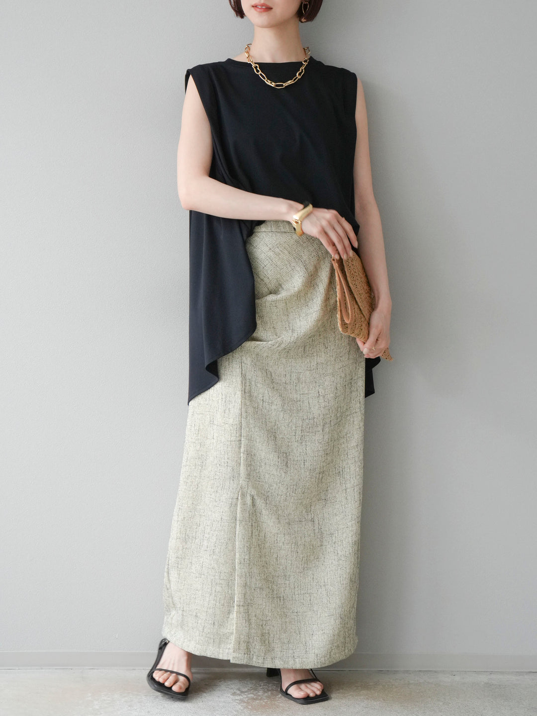 [予約]サマーツイードタックサイドスリットスカート/ベージュ