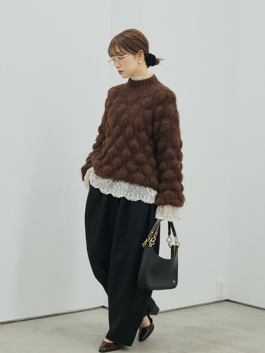 [予約]ポップコーンハイネックニットプルオーバー/brown