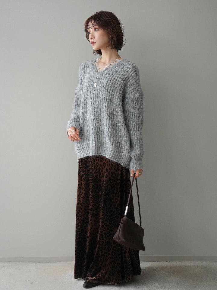 [SET]Vネックレースニットプルオーバー+レオパードベロアナロースカート(2set)