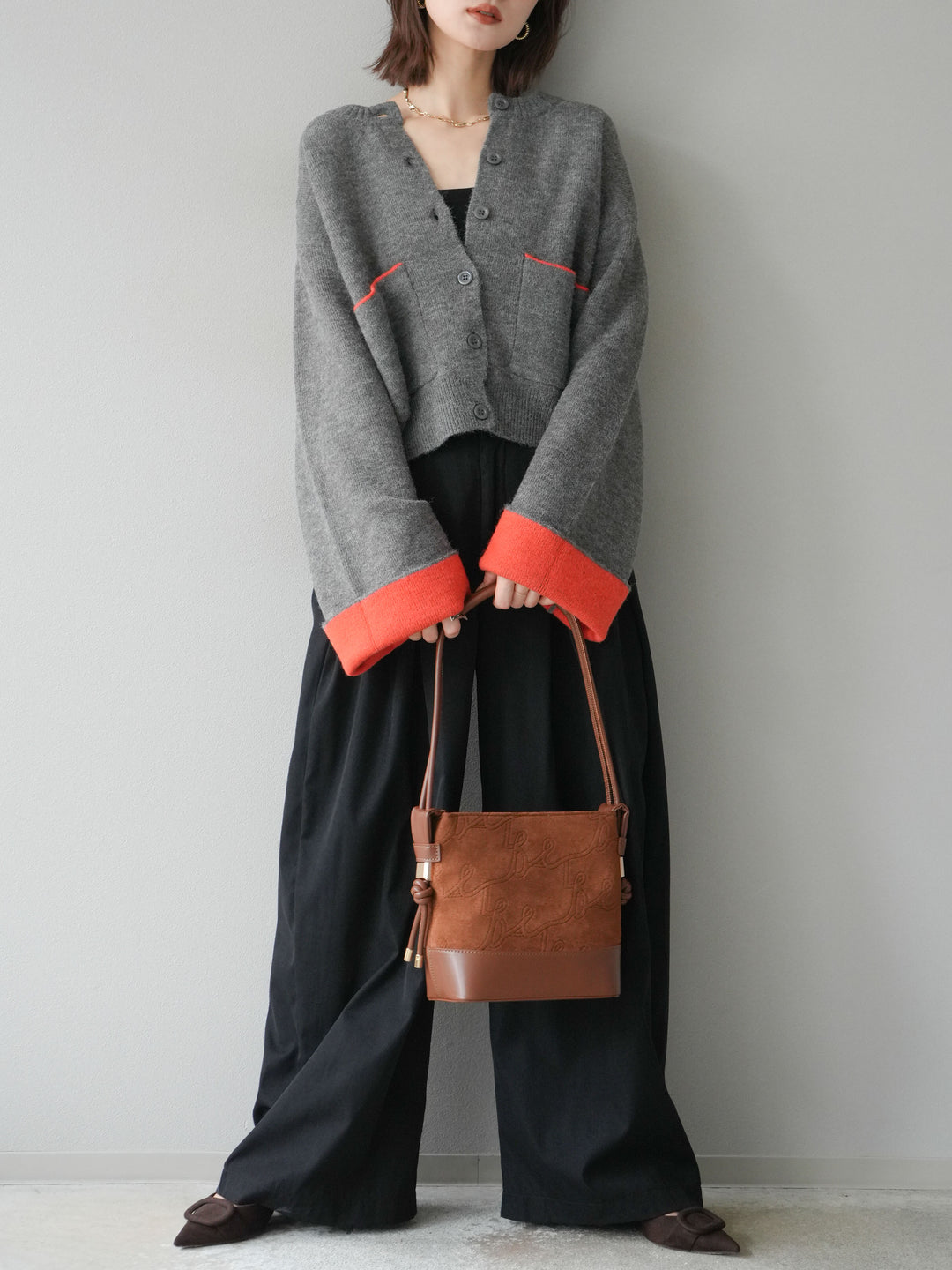 【SET】雙色針織開襟衫+褶襉設計寬褲（2套）