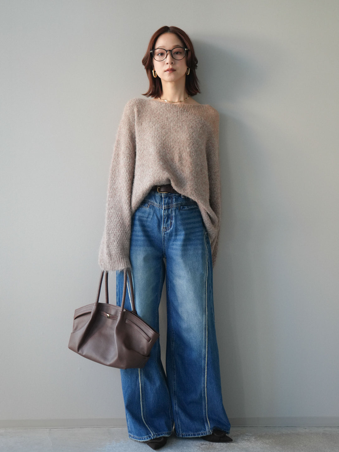 [SET]透かしデザインニットプルオーバー+サイドフリンジワイドデニムパンツ(2set)