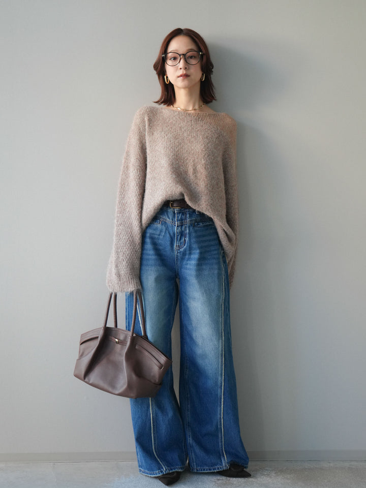 [SET]透かしデザインニットプルオーバー+サイドフリンジワイドデニムパンツ(2set)