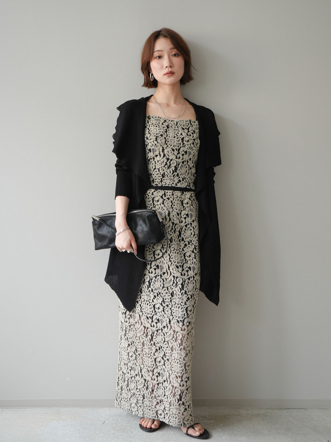 [SET]ドレープリブニットガウン+フルレースキャミ＆IラインスカートSET UP(2set)