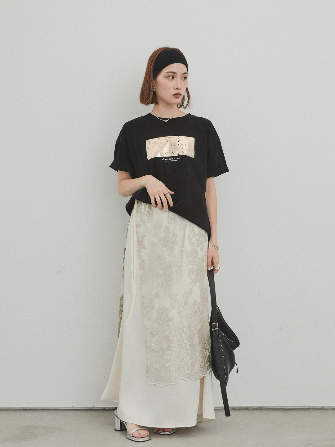 [SET]箔プリントドライタッチコットンTEE +チュールジャガードラップロングスカート(2set)