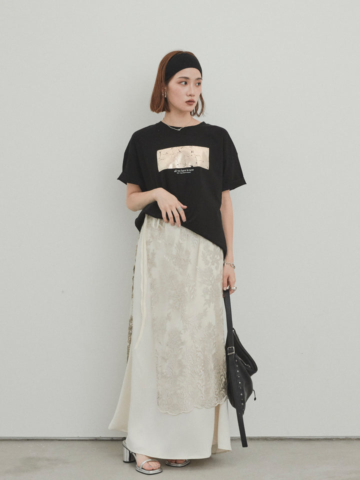 [SET]箔プリントドライタッチコットンTEE +チュールジャガードラップロングスカート(2set)
