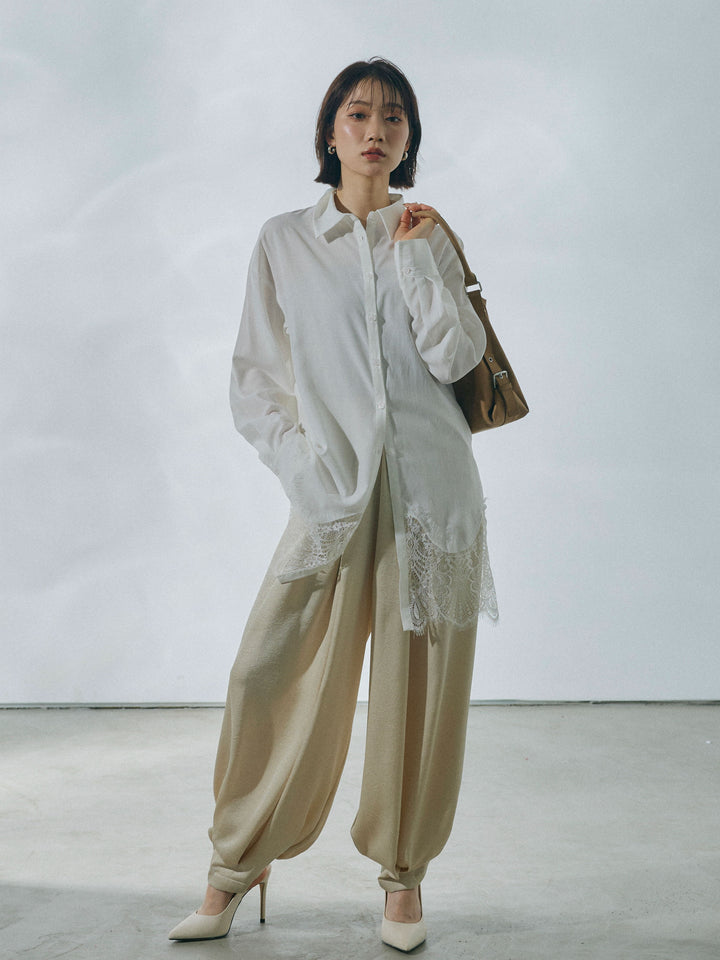 【Allure】[SET]裾レースポプリンシャツ+ワッシャーサテンタックジョガーパンツ(2set)