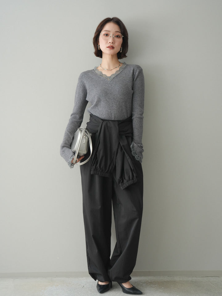 [予約]レースドッキングVネックニットトップス/gray