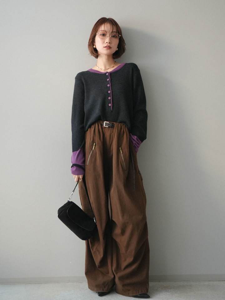 [SET]ヘンリーネック配色ニットソー+コットンタックループパンツ(2set)