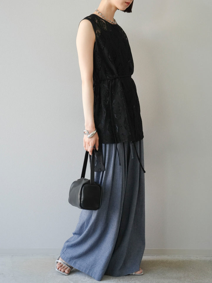 【預購】仿亞麻雙褶設計寬褲/藏青色