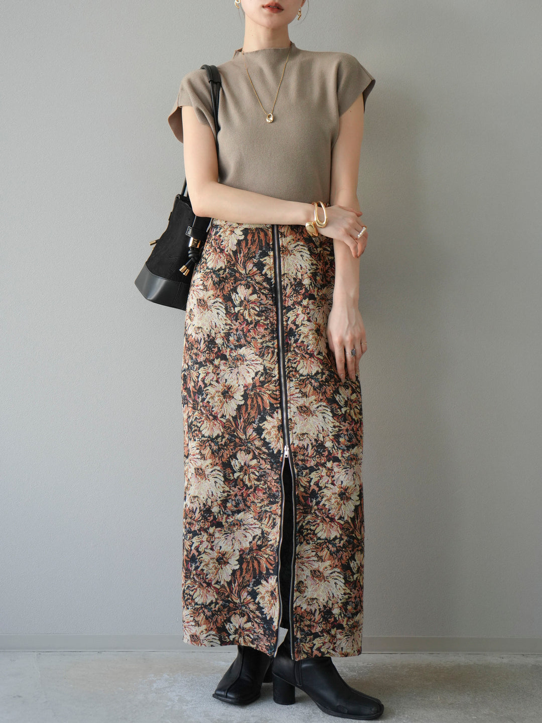 [予約]ゴブランフロントジップタイトスカート/ベージュ