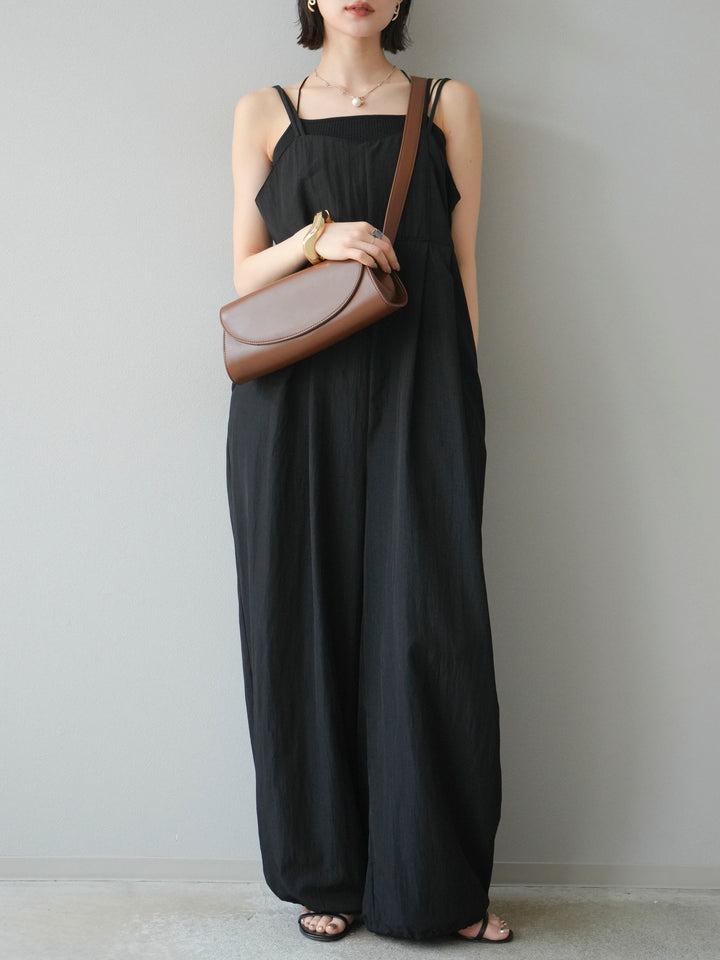 [SET]リネンライクビスチェデザインサロペット+ダブルストラップカットリブブラキャミソール(2set)