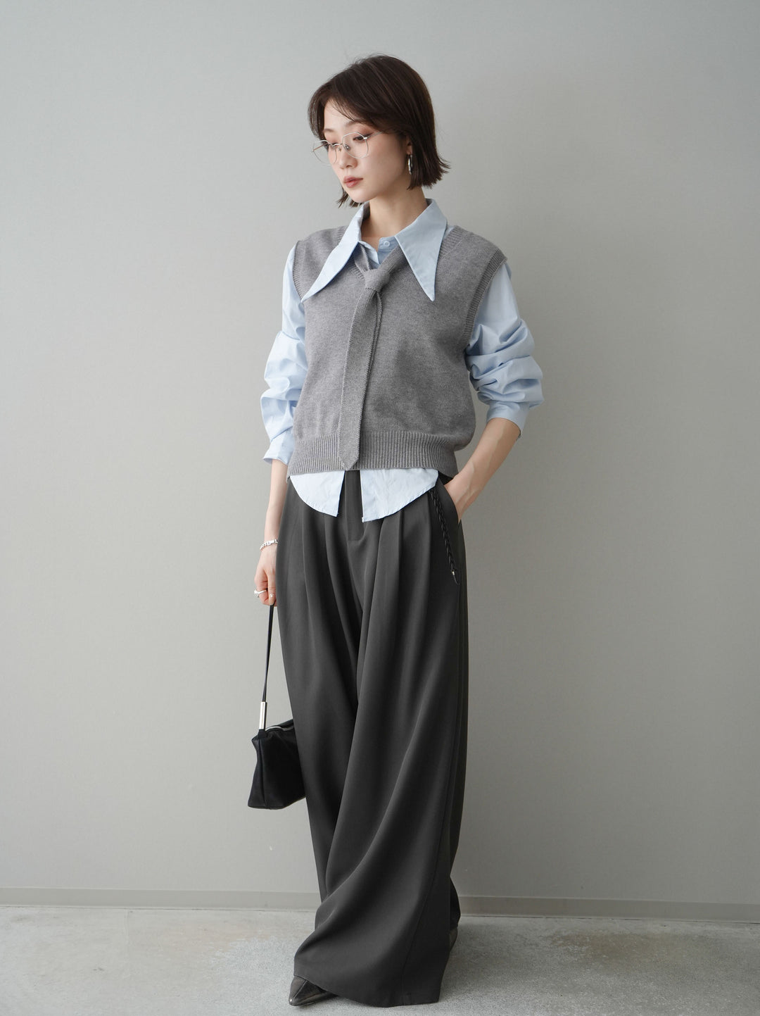 [予約]編み込みベルト付タックワイドパンツ/gray