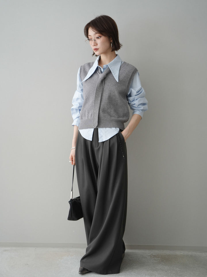 [予約]編み込みベルト付タックワイドパンツ/gray
