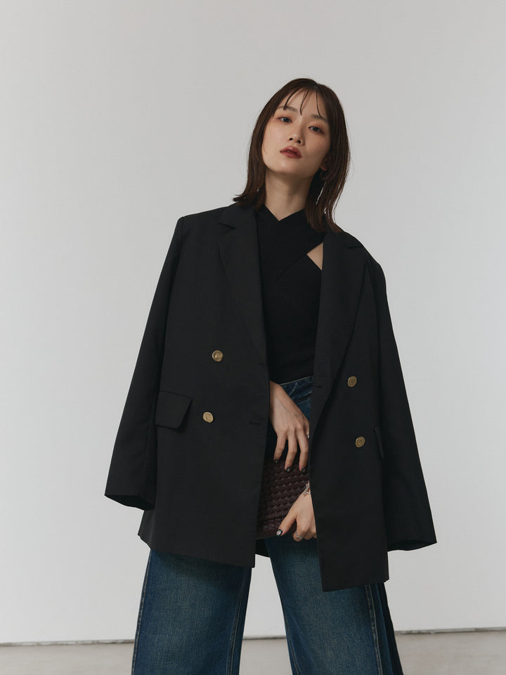 【Allure】[SET]クロスリブニットタンクトップ+サイドタックヴィンテージワイドデニム+ダブルブレストオーバージャケット(3set)