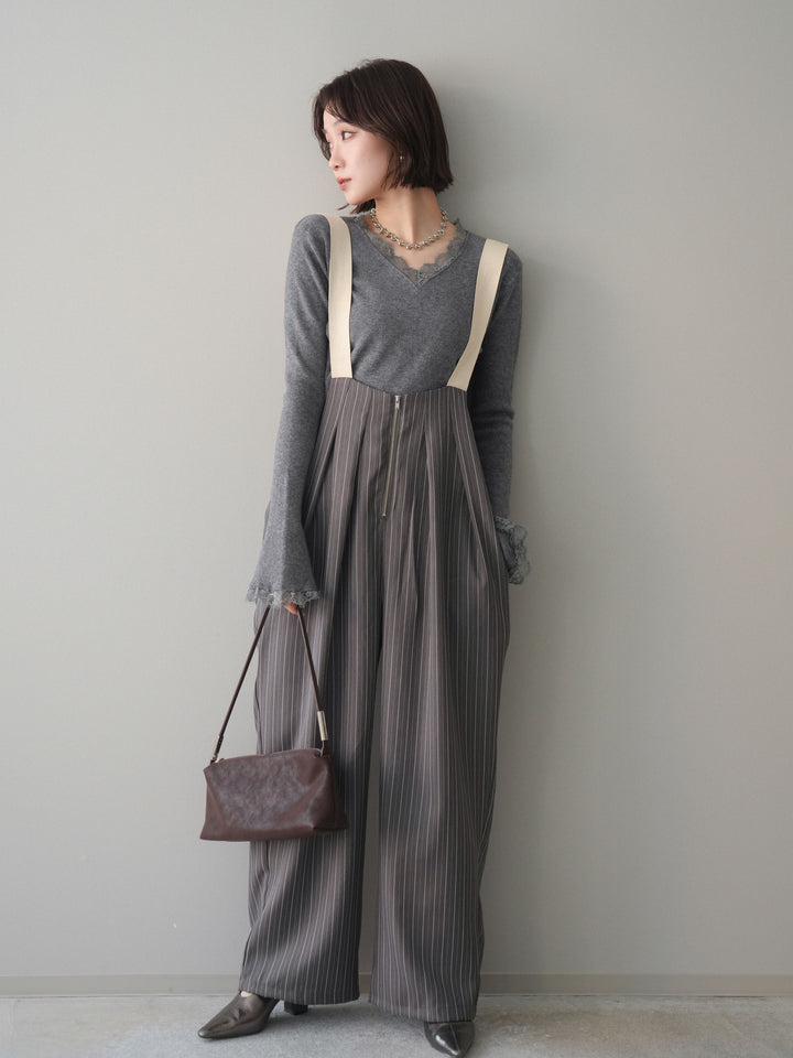 [予約]レースドッキングVネックニットトップス/gray