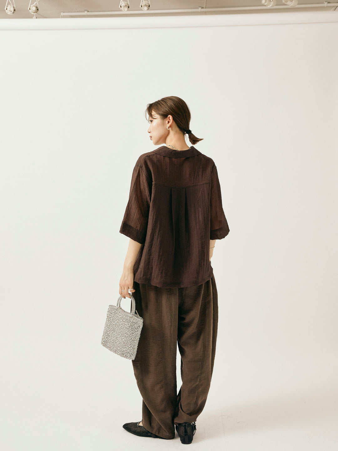 【Allure】[SET]シャイニースラブシアー開襟ハーフシャツ+リネンライクベイカーバルーンパンツ(2set)