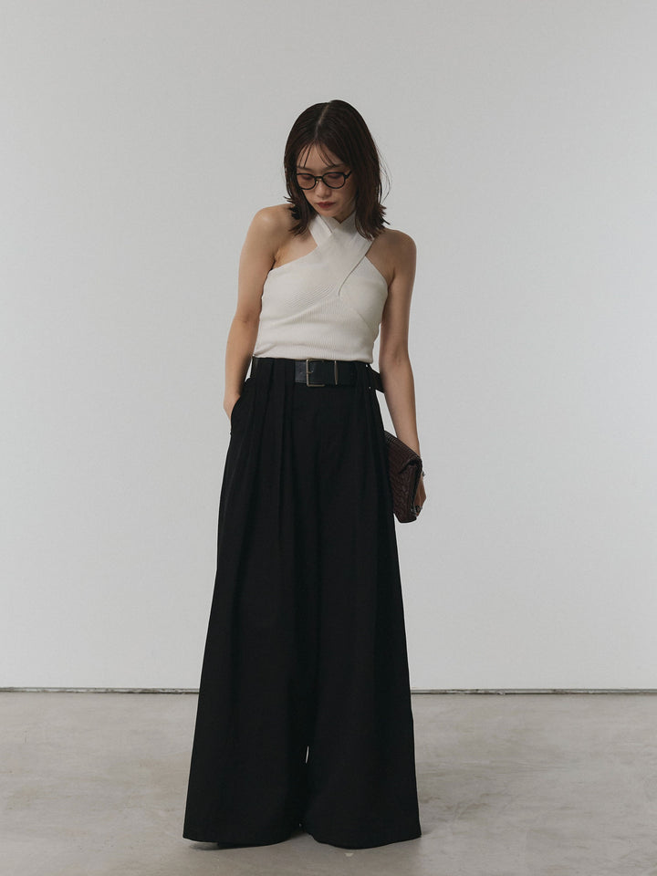 [予約]ベルト付ダブルループワイドパンツ/ブラック