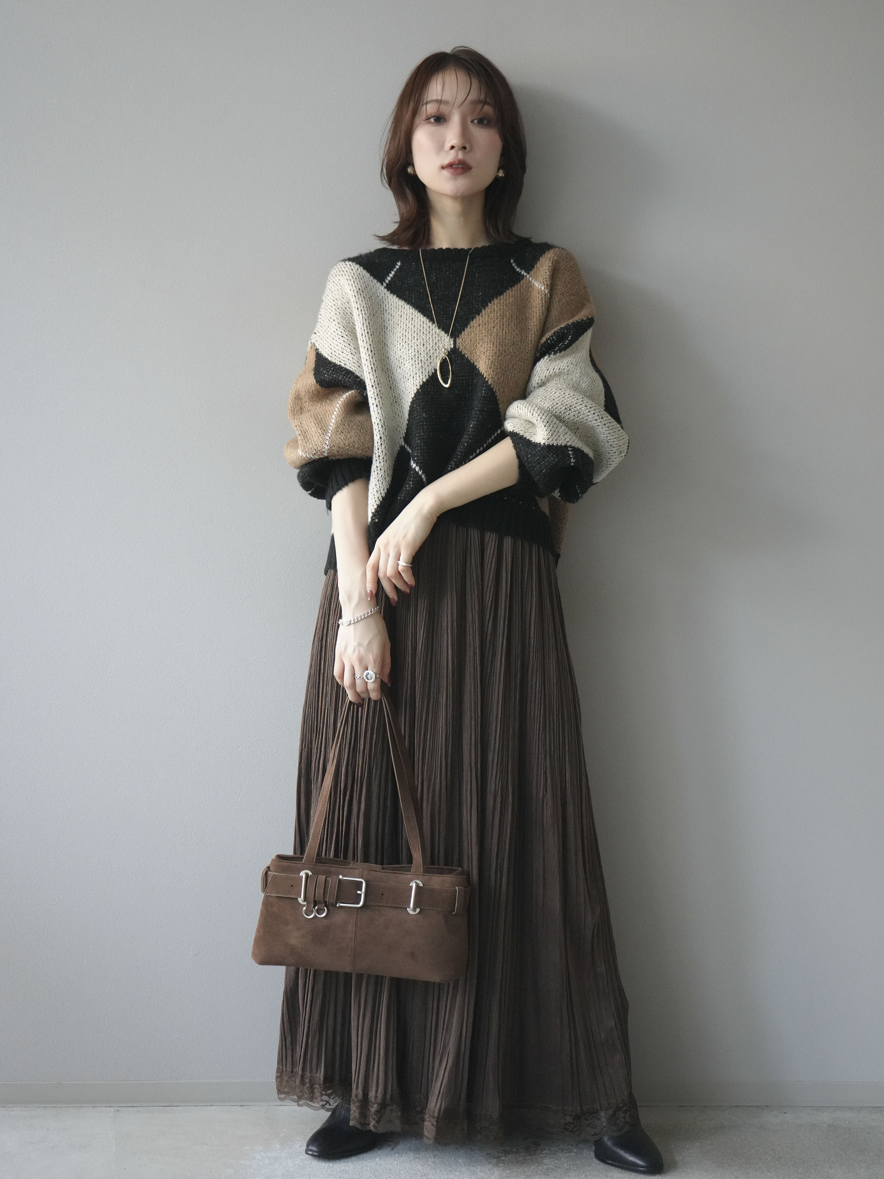 SET]配色ステッチアーガイル柄ニットプルオーバー+裾レーススウェード