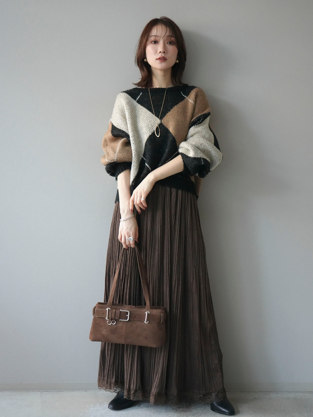 [SET]配色ステッチアーガイル柄ニットプルオーバー+裾レーススウェードプリーツマキシスカート(2set)