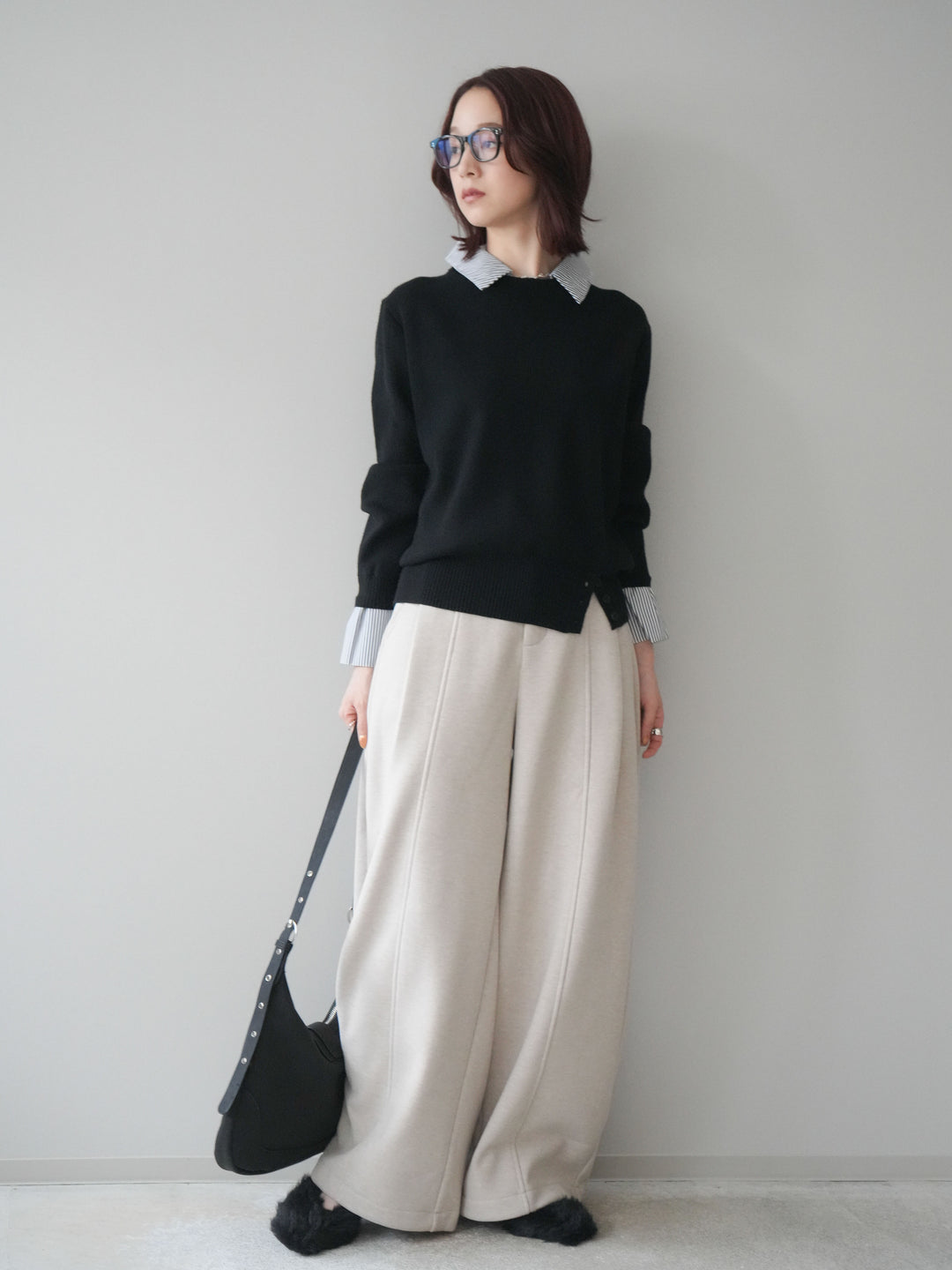 [予約]ベルト付き裏起毛ワイドパンツ/ecru