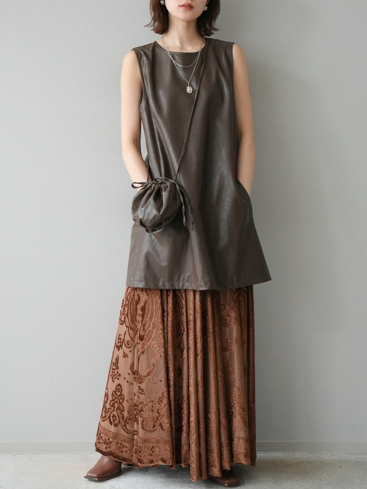 [予約]アンティーク柄フロッキーマキシスカート/ブラウン