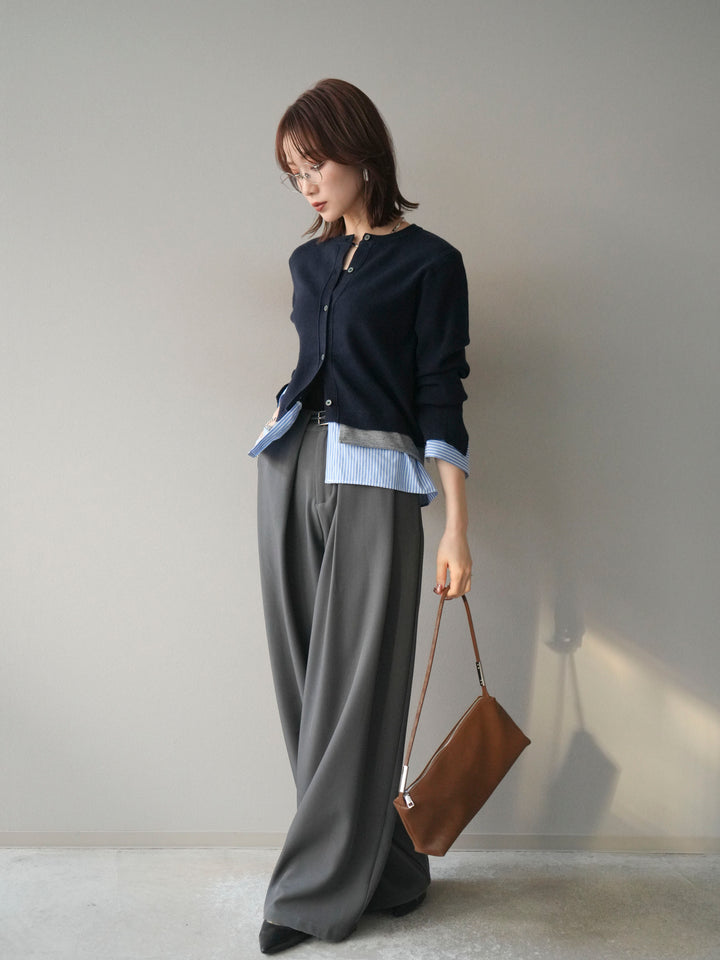 [SET]シャツ襟レイヤードニットカーディガン+ベルトループデザインワイドパンツ(2set)