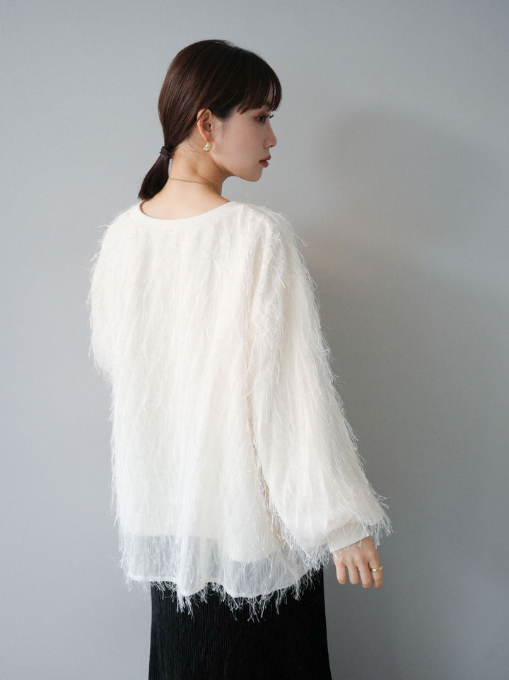 【預購】流蘇薄紗多層抓絨套頭衫/象牙色