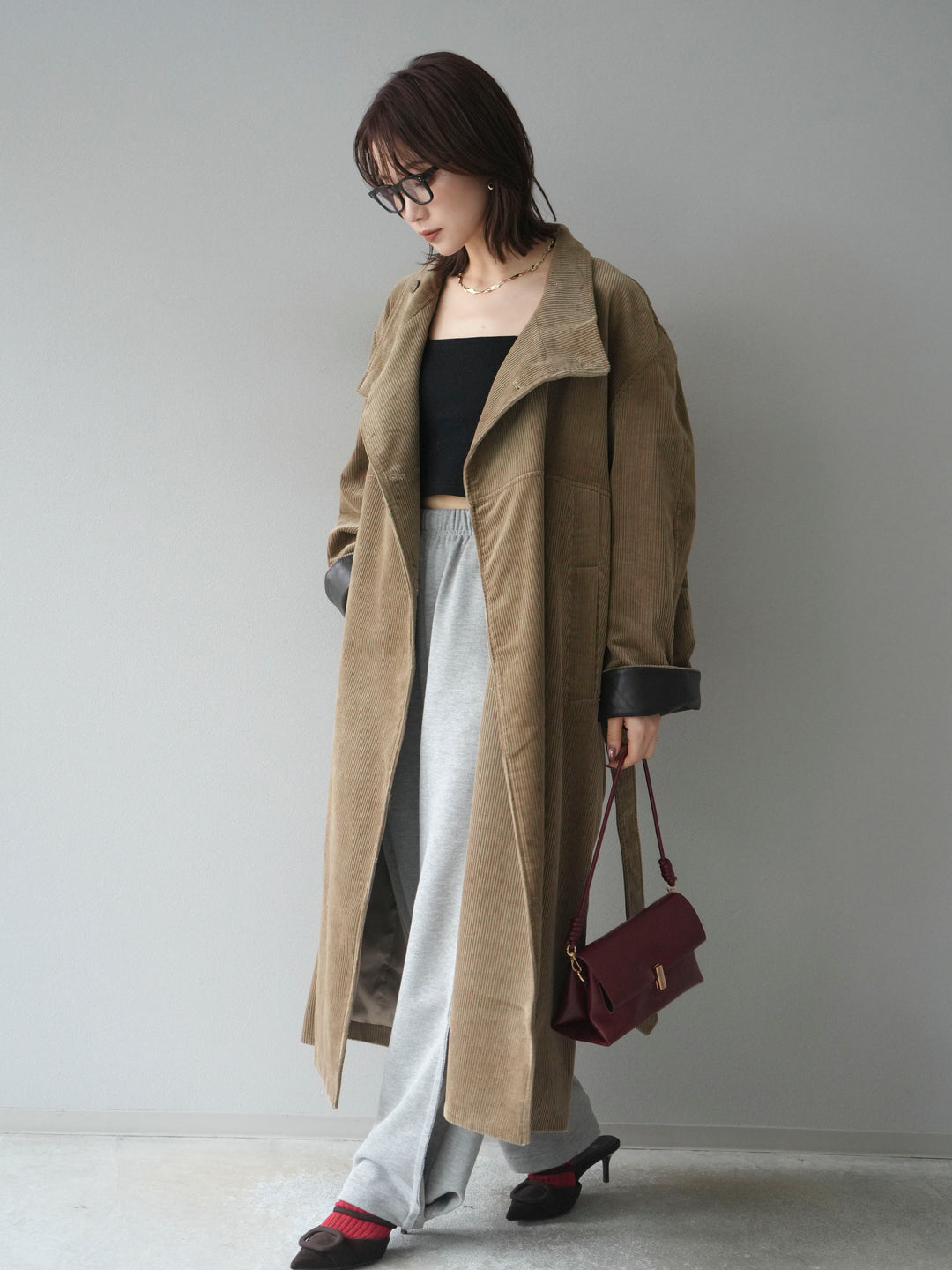 [予約]コーデュロイ折り返しレザーロングコート/beige