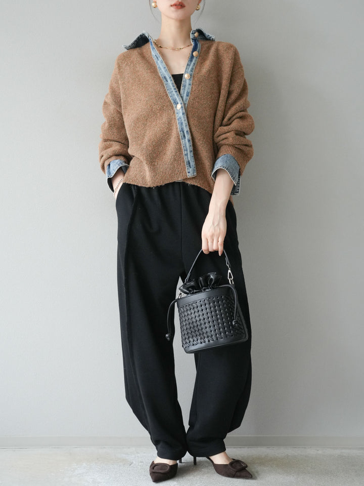 【着回しセット】[SET]デニム襟ボタンニットカーディガン+デニム襟ボタンニットカーディガン+2WAYデザインスウェットパンツ(3set)