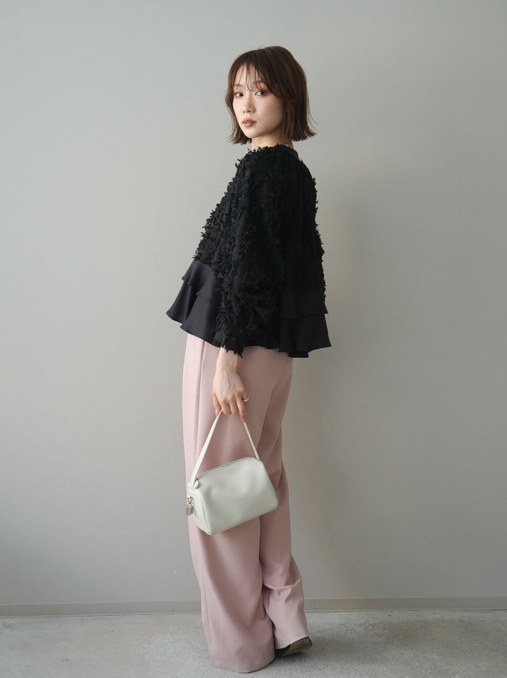 [SET]ジャガードぺプラムフリルブラウス+ベルト付キーホルダーモチーフワイドパンツ(2set)