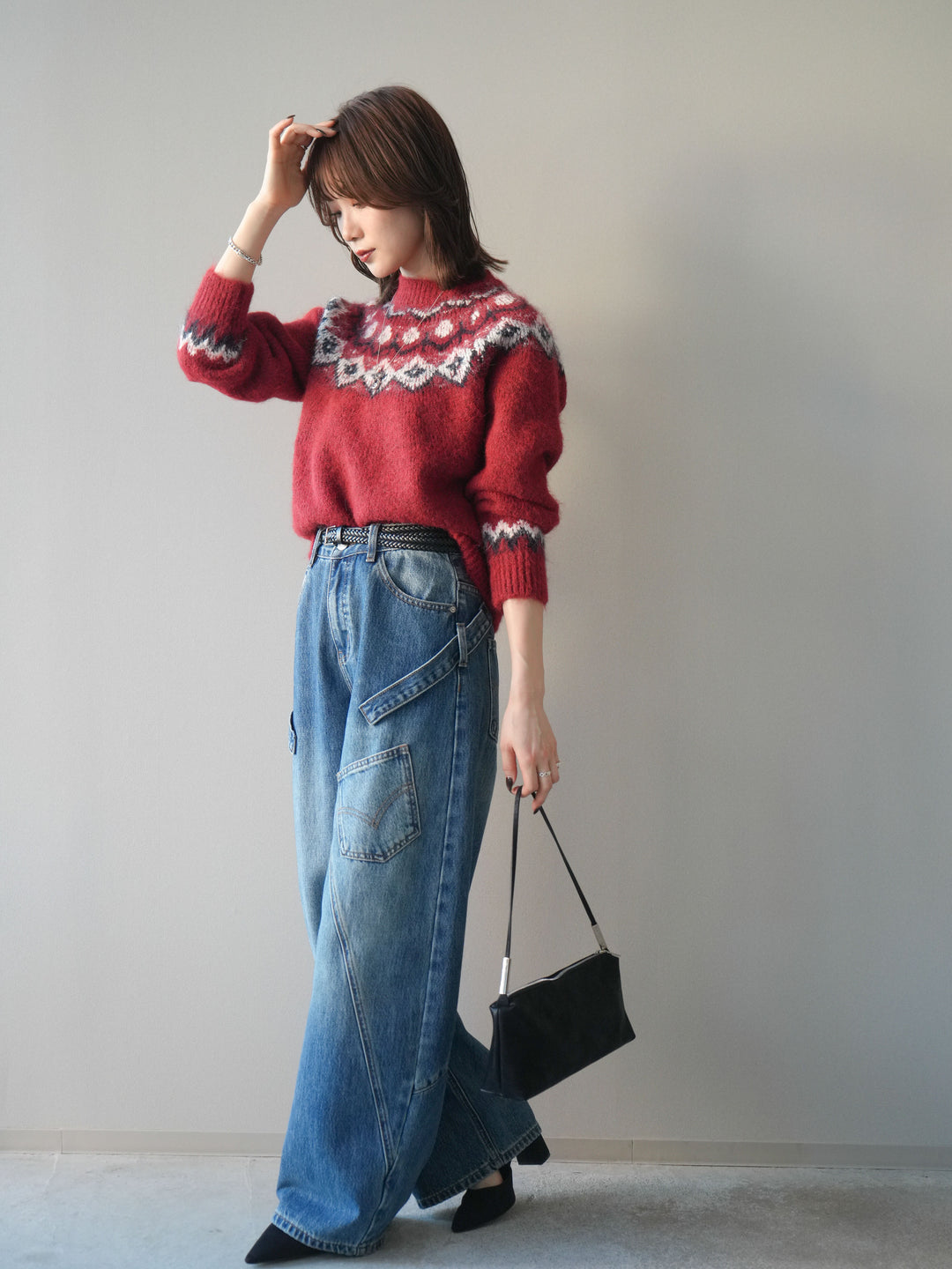 [SET]ソフトタッチ求心柄ニットプルオーバー+ペインターカーブデニムパンツ(2set)