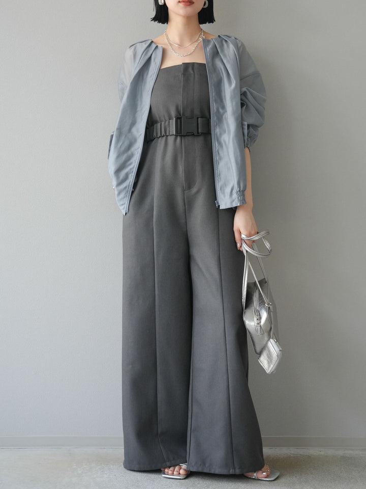 [SET]タックデザインシアーブルゾン+ヘザーツイルベルト付ベアサロペット(2set)