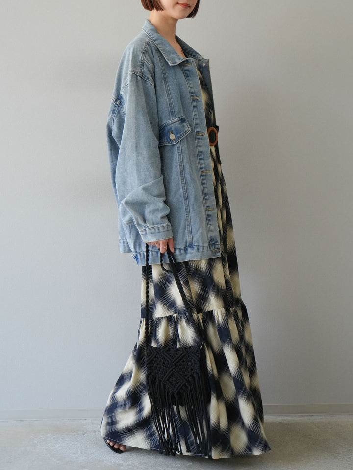 [SET]ベルト付チェックノースリーブワンピース+ビンテージデザインBIGデニムジャケット(2set)