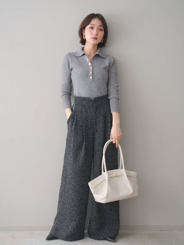 [予約]ゴールドボタンニュアンスタートルリブニットトップス/gray
